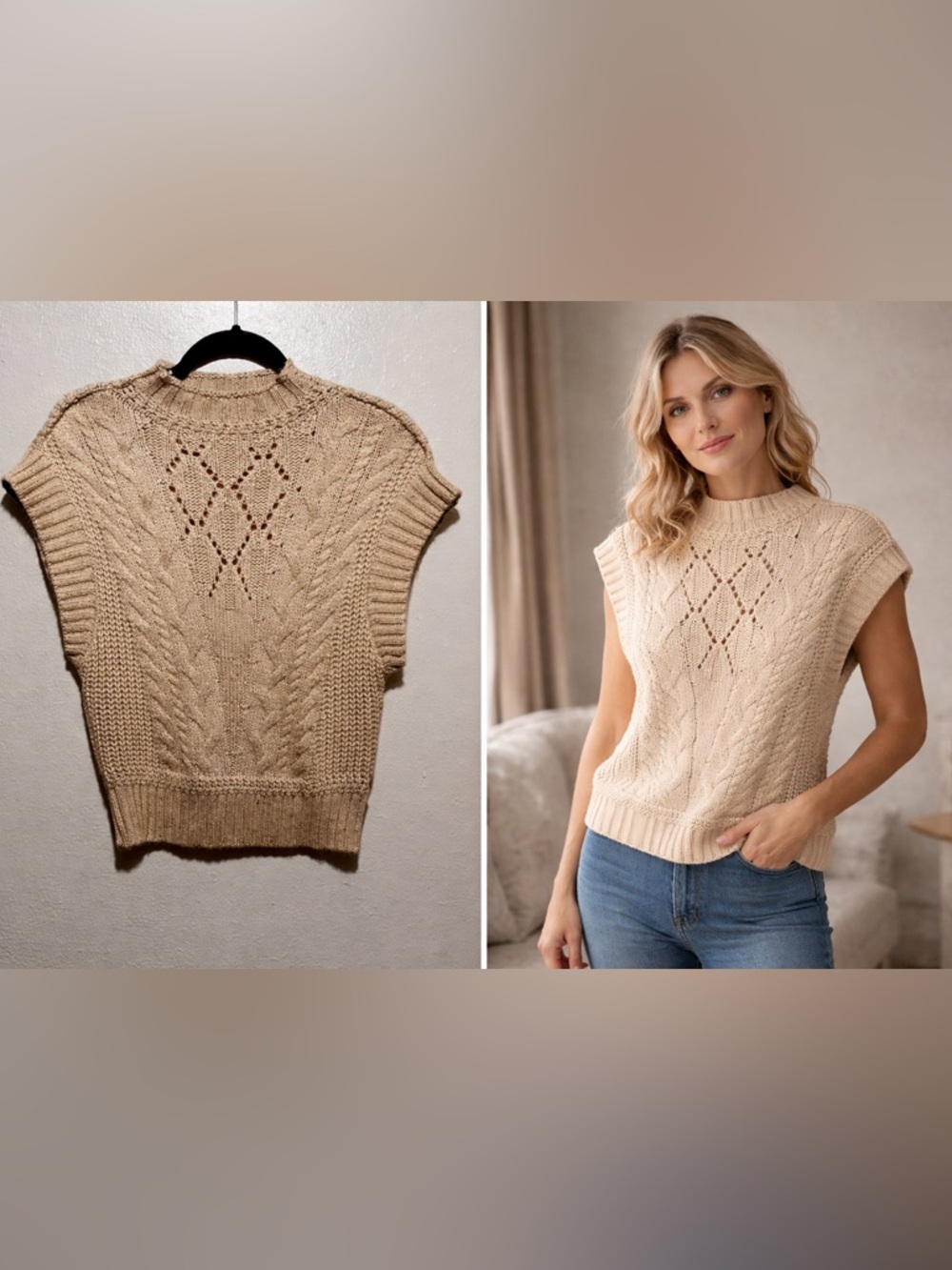 ana a new approach Cream Cable Knit Sweater Vest Small Cozy Boho Chunky Knit